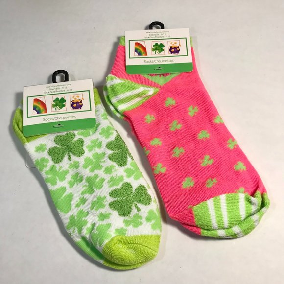 Shamrock Socks St Patricks Day Celtic Pink Green Clover 2 Pairs Lot Shamrocks - Picture 4 of 5